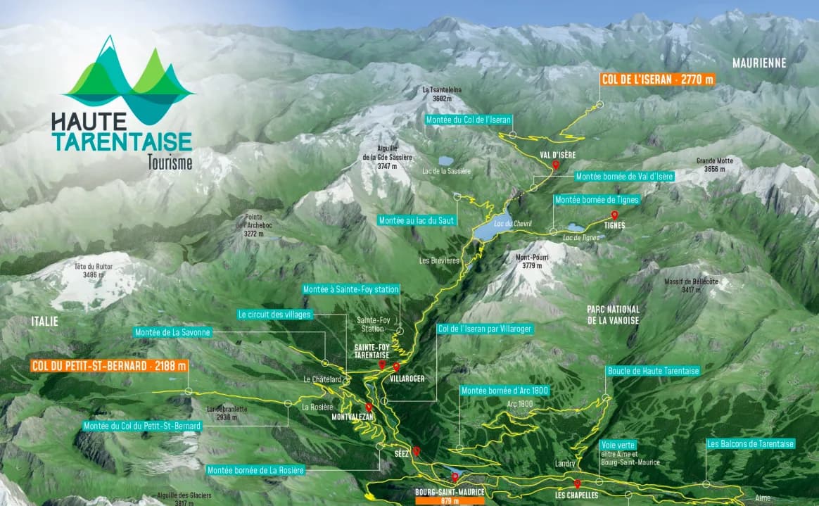 Illustrierte 3D-Karte der Täler der Haute Tarentaise mit Radrouten und markierten Bergpässen