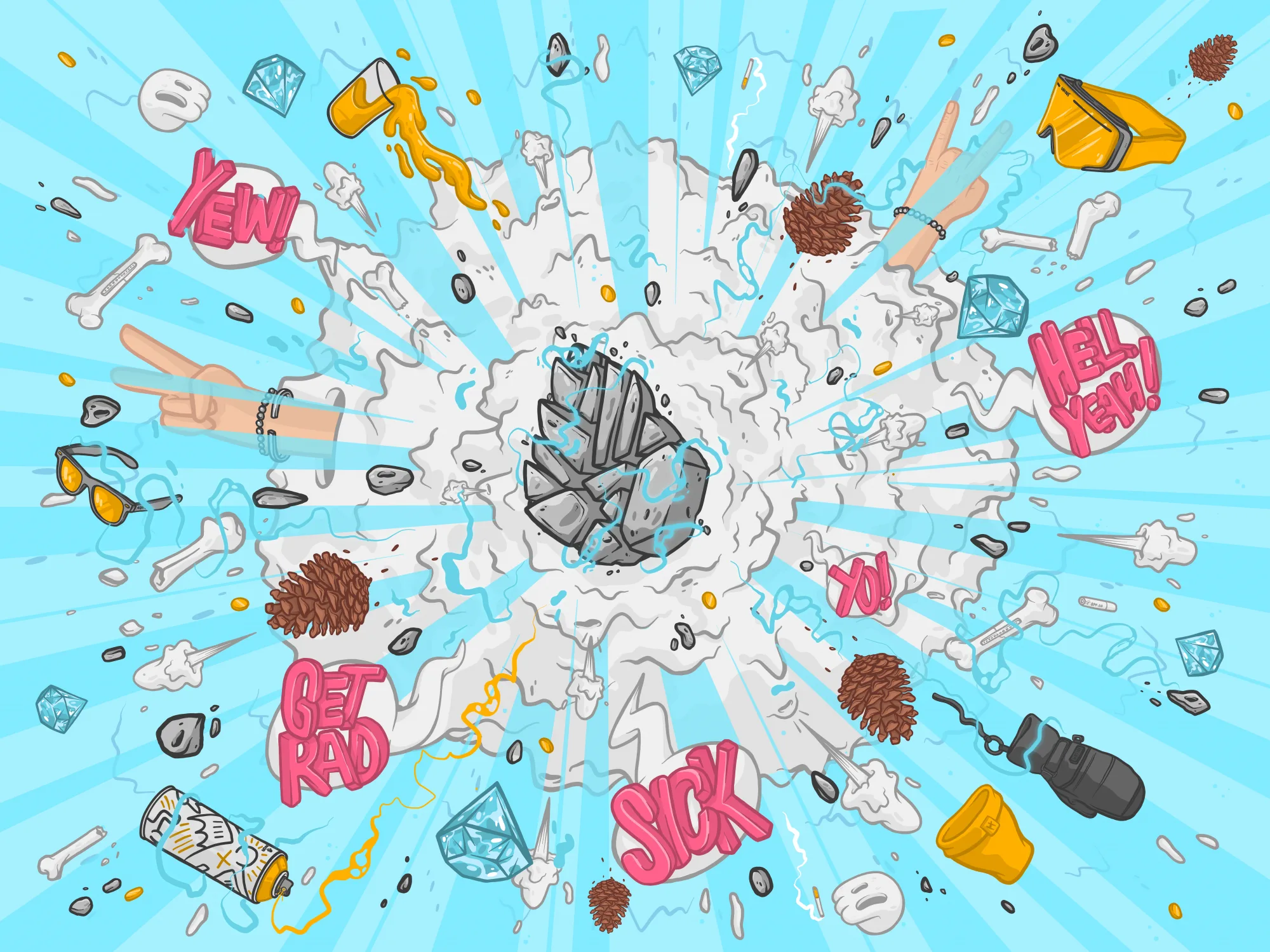 Colourful illustration of an exploding rock surrounded by pine cones, diamonds and words like “Get rad” and “Sick”