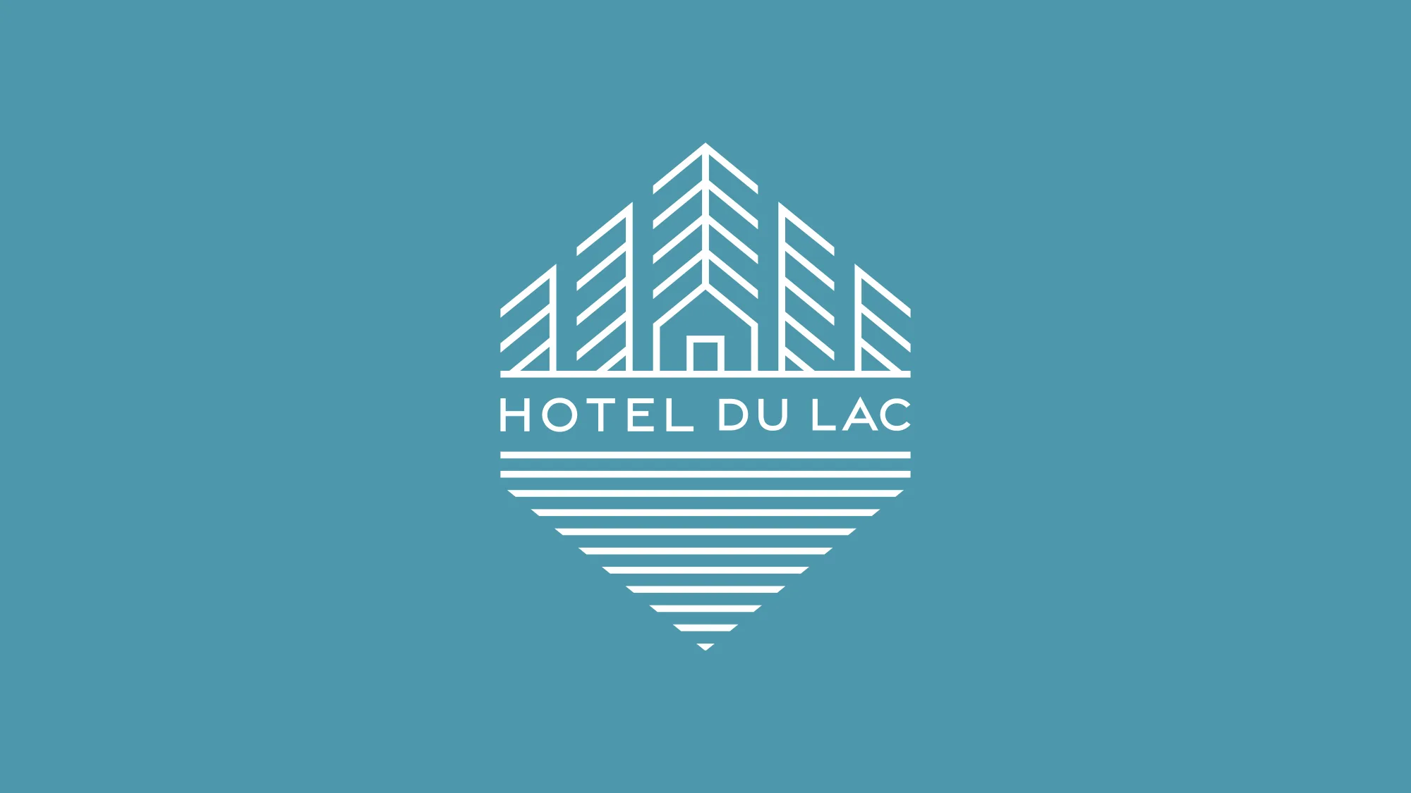 Hotel du Lac logo, white on teal, with a line-drawn pine and chalet above a lake