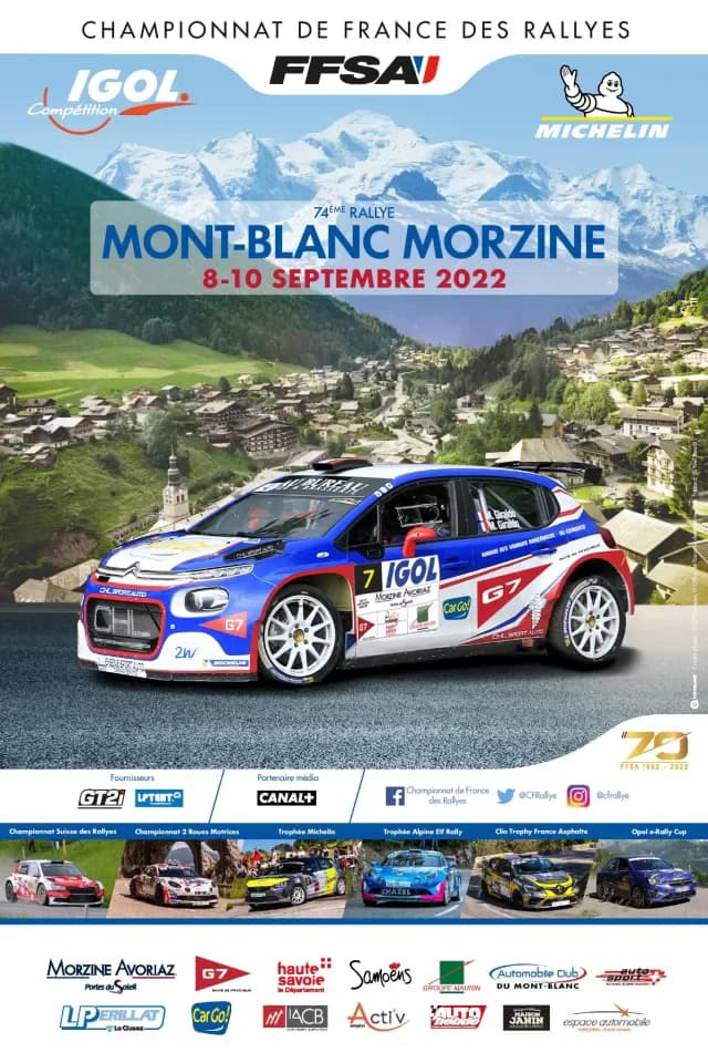 Plakat der 74. Rallye Mont-Blanc Morzine, 8.–10. September 2022, mit Rallyeauto und Alpendorf