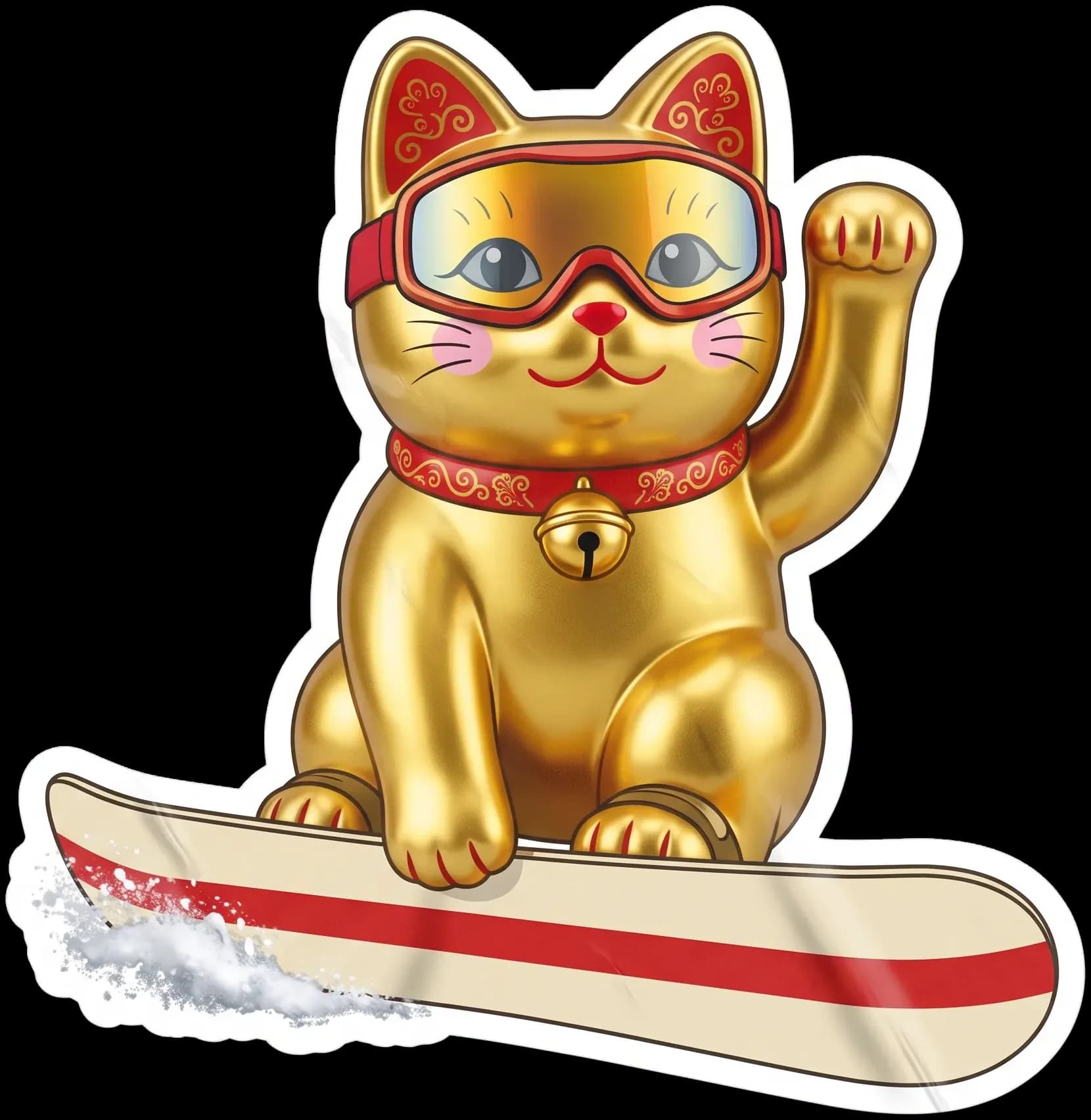 Lucky, die goldene Winkekatze von Hideout, mit roter Skibrille, winkt von einem cremefarben-roten Snowboard